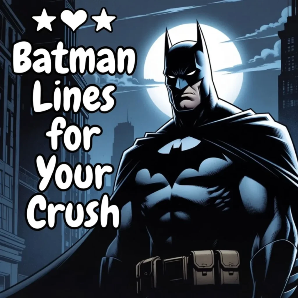 Batman lines for your crush image with dark superhero in Gotham city under moonlight showing confident romantic vibe