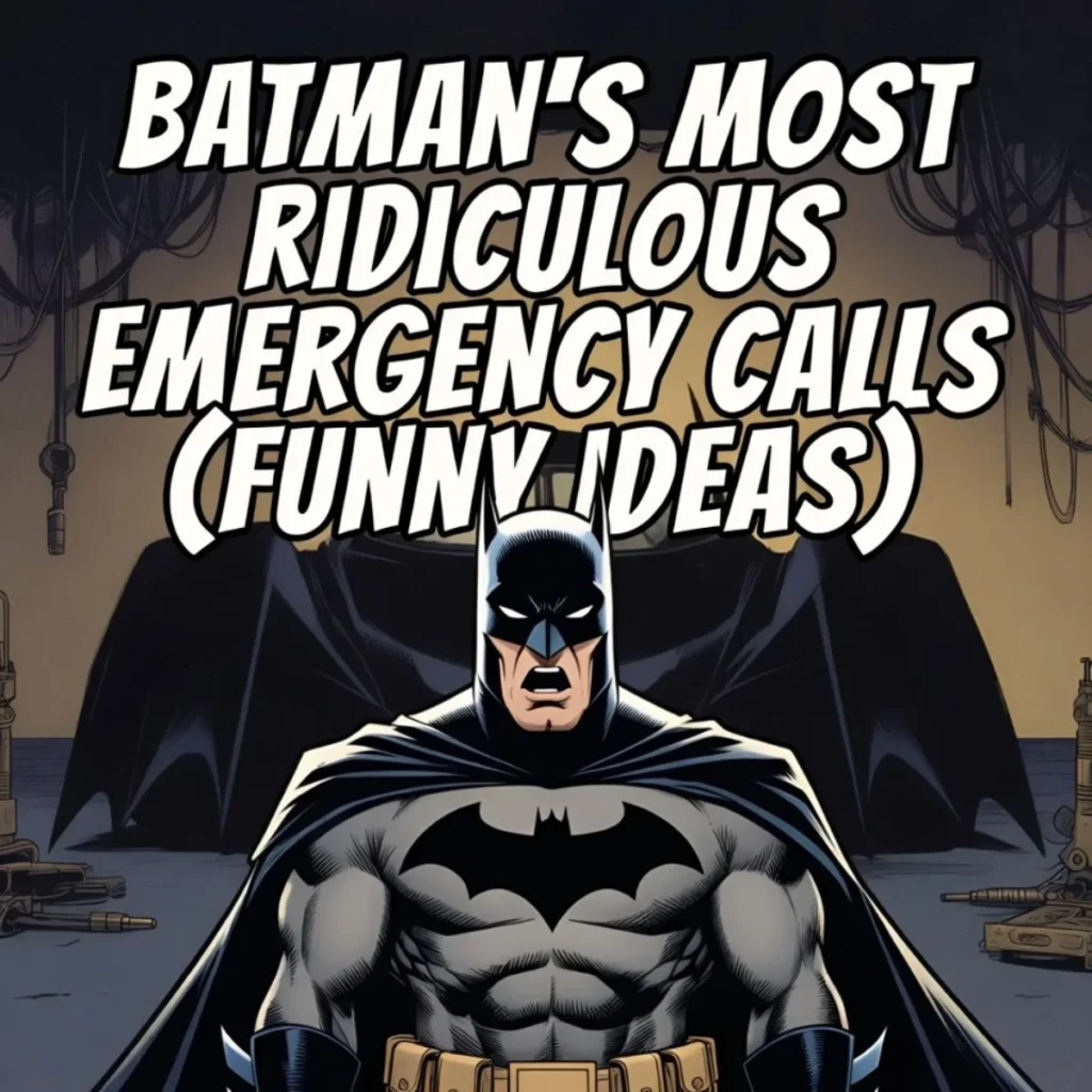 Batman in Batcave reacting to ridiculous emergency calls with bold text funny ideas in Gotham setting