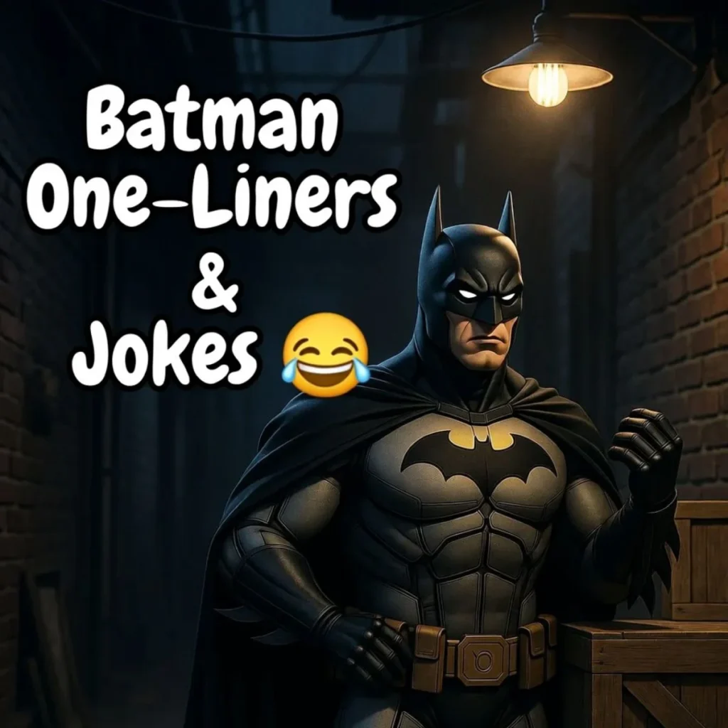Batman one liners and jokes image with superhero in dark alley and funny laughing emoji showing humor vibe