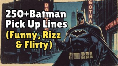 Batman in Gotham city with text “250+ Batman pick up lines funny rizz flirty” in comic style