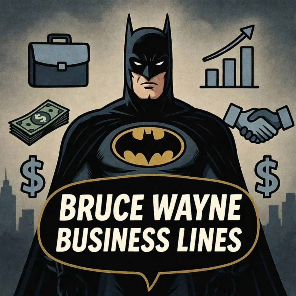 Bruce Wayne business lines image with Batman, money icons, growth chart and handshake showing success and charm