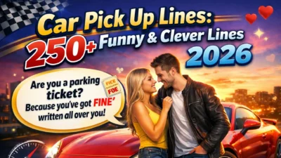 Car pick up lines illustration with romantic car scene and funny automotive flirting concept
