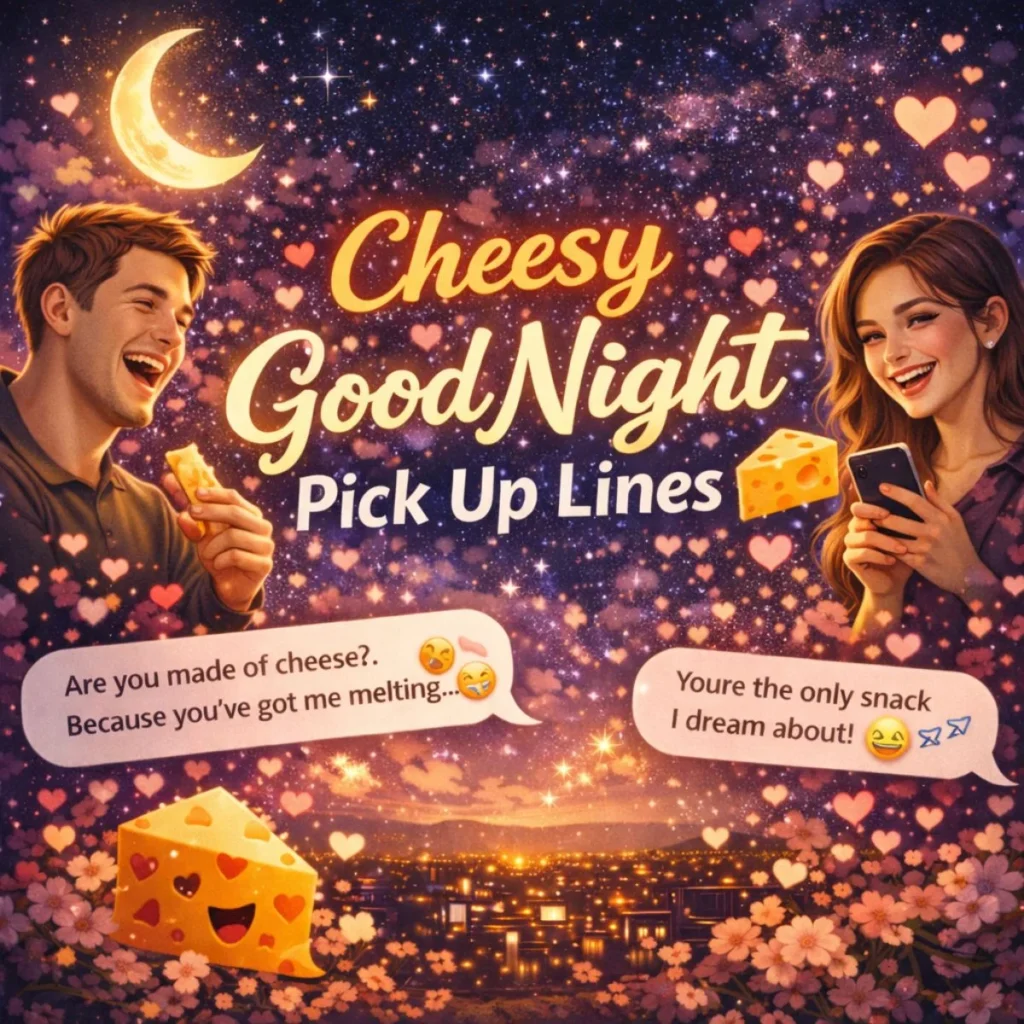 Cheesy good night pick up lines with funny texts, smiling couple, and playful cheese theme under starry night