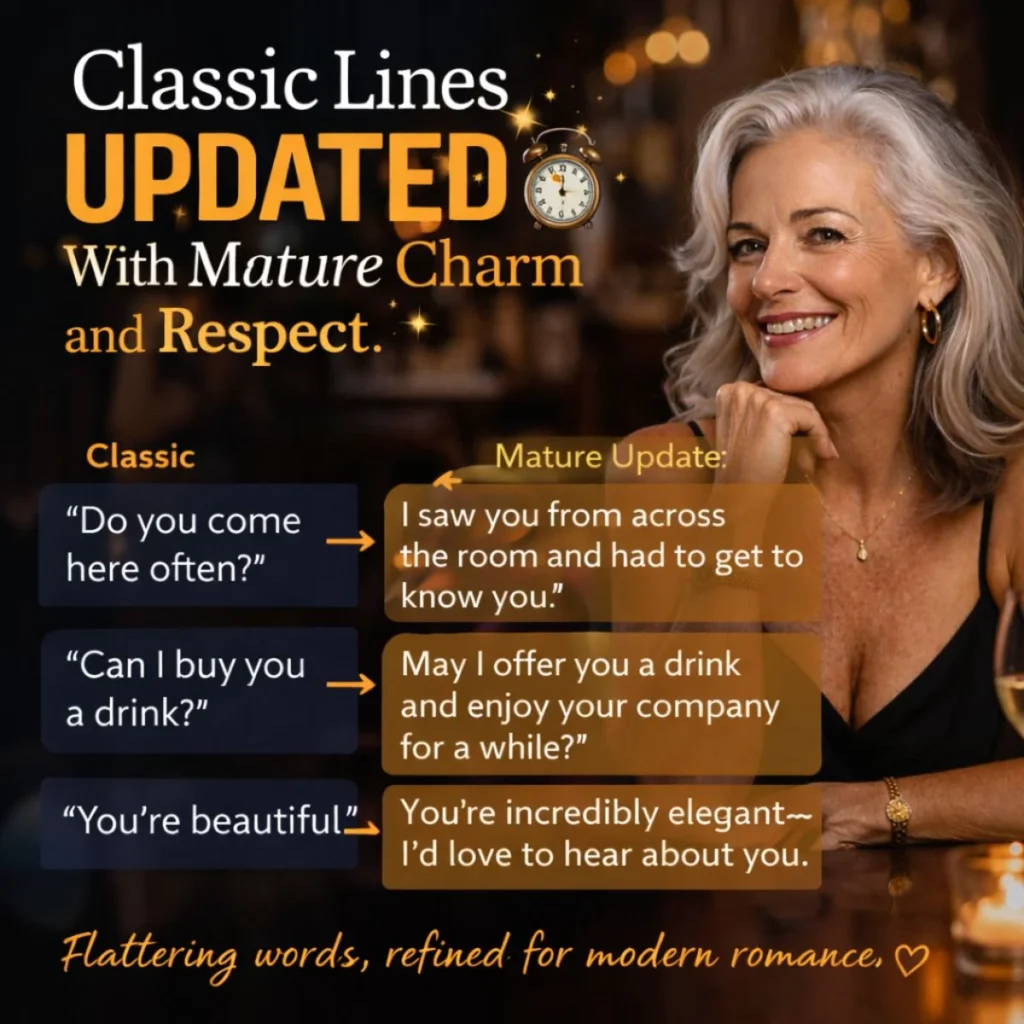 Classic pickup lines updated with mature charm and respect shown with a confident older woman and refined examples
