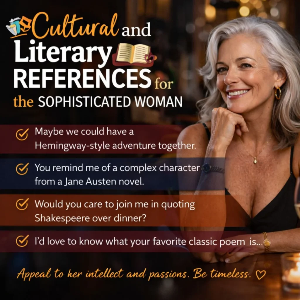 Cultural and literary pickup lines for older women featuring a sophisticated mature woman and intellectual flirting examples