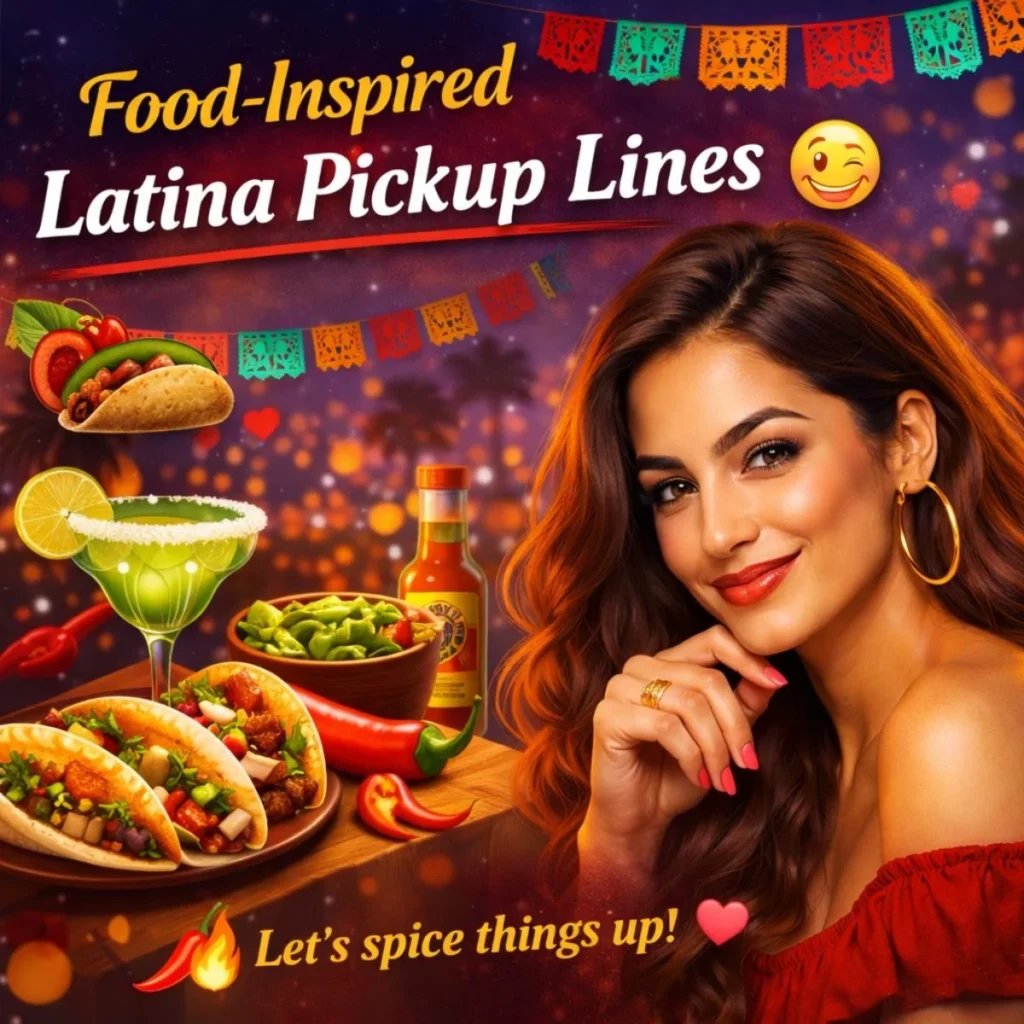 Food inspired Latina pickup lines with tacos, margarita and flirty woman creating fun romantic vibe
