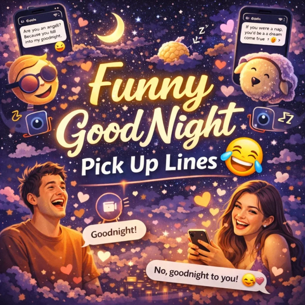 Funny good night pick up lines with emojis, flirty texts, and laughing couple under a starry night sky