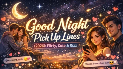 Good night pick up lines 2026 with flirty texts, rizz messages, and romantic night chat under starry sky