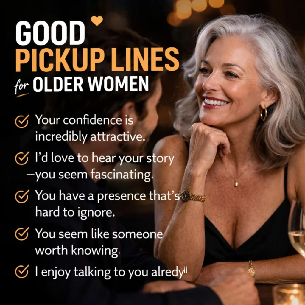 Good pickup lines for older women showing a confident mature woman smiling during a genuine flirty conversation