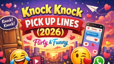 Knock knock pick up lines 2026 with flirty jokes, Tinder chat, emojis, and romantic playful design