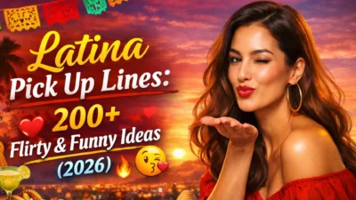 Latina pick up lines banner with flirty woman, romantic vibe and 200+ funny ideas for dating in 2026