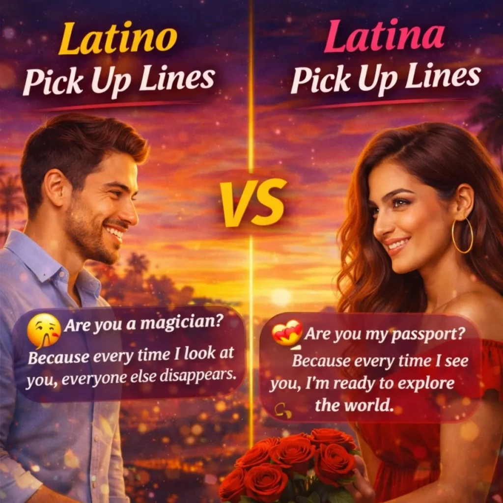 Latino vs Latina pick up lines comparison with couple, romantic flirting styles and fun dating ideas