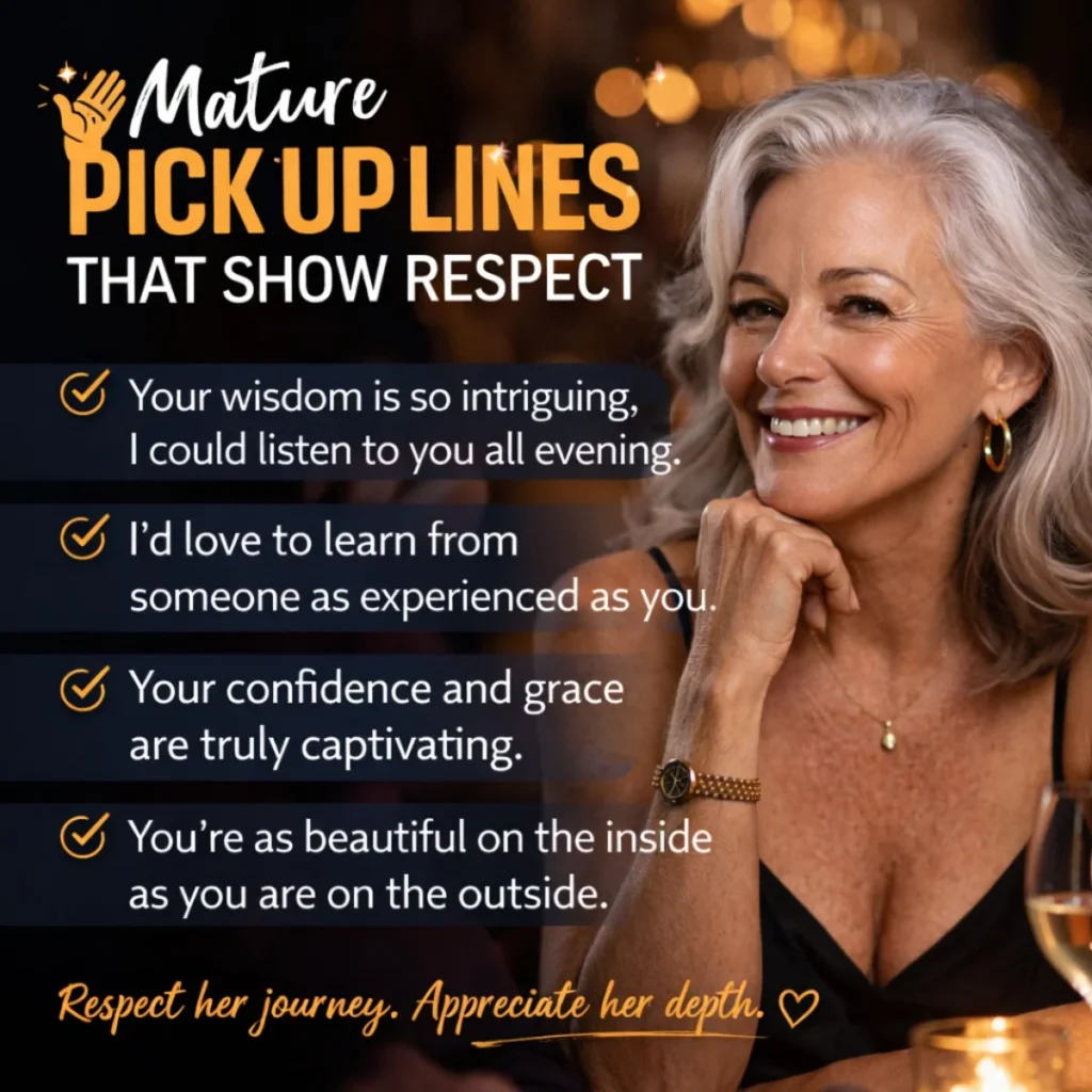 Mature pick up lines showing a confident older woman smiling with respectful and meaningful flirting examples