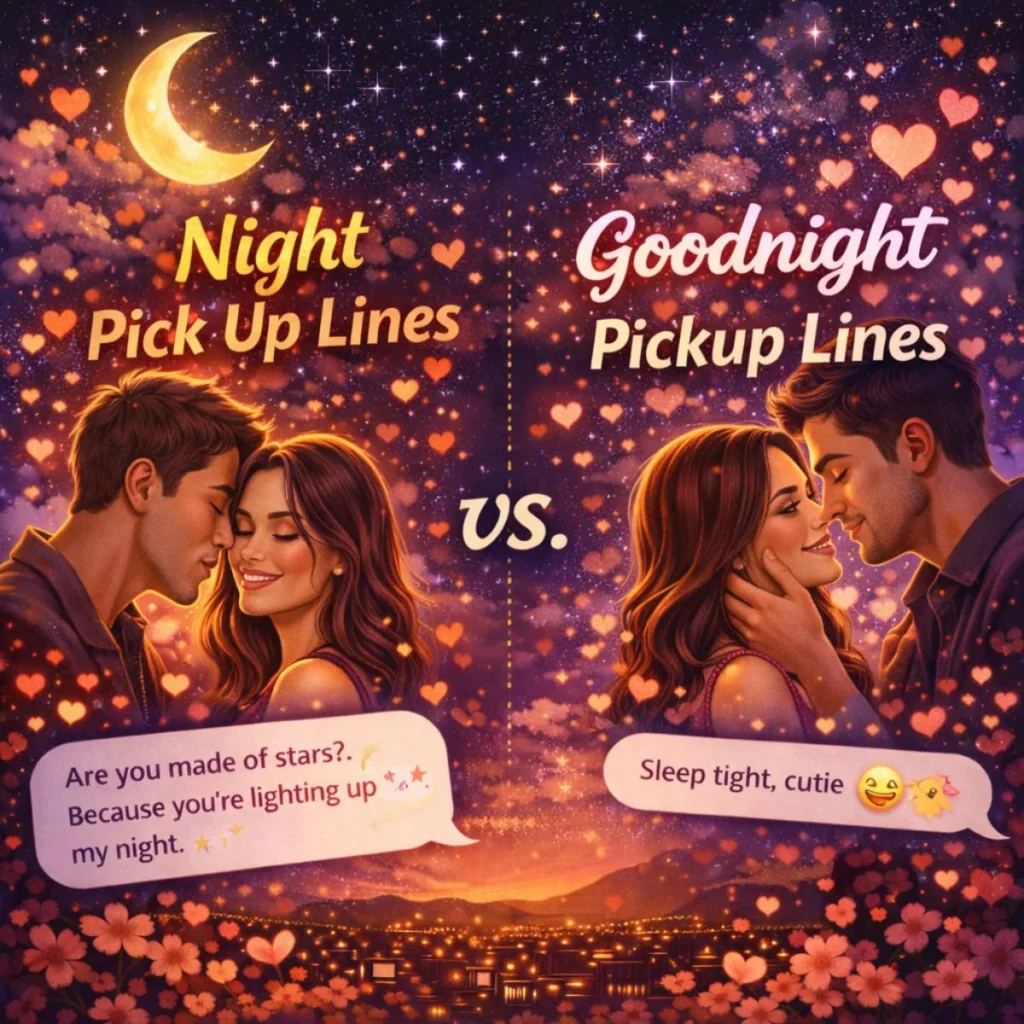 Night pick up lines vs goodnight pickup lines comparison with romantic couples and flirty texts under starry sky
