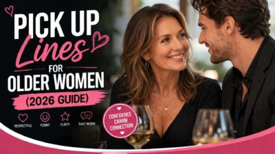 Pick up lines for older women 2026 guide showing a confident mature woman smiling during a flirty conversation