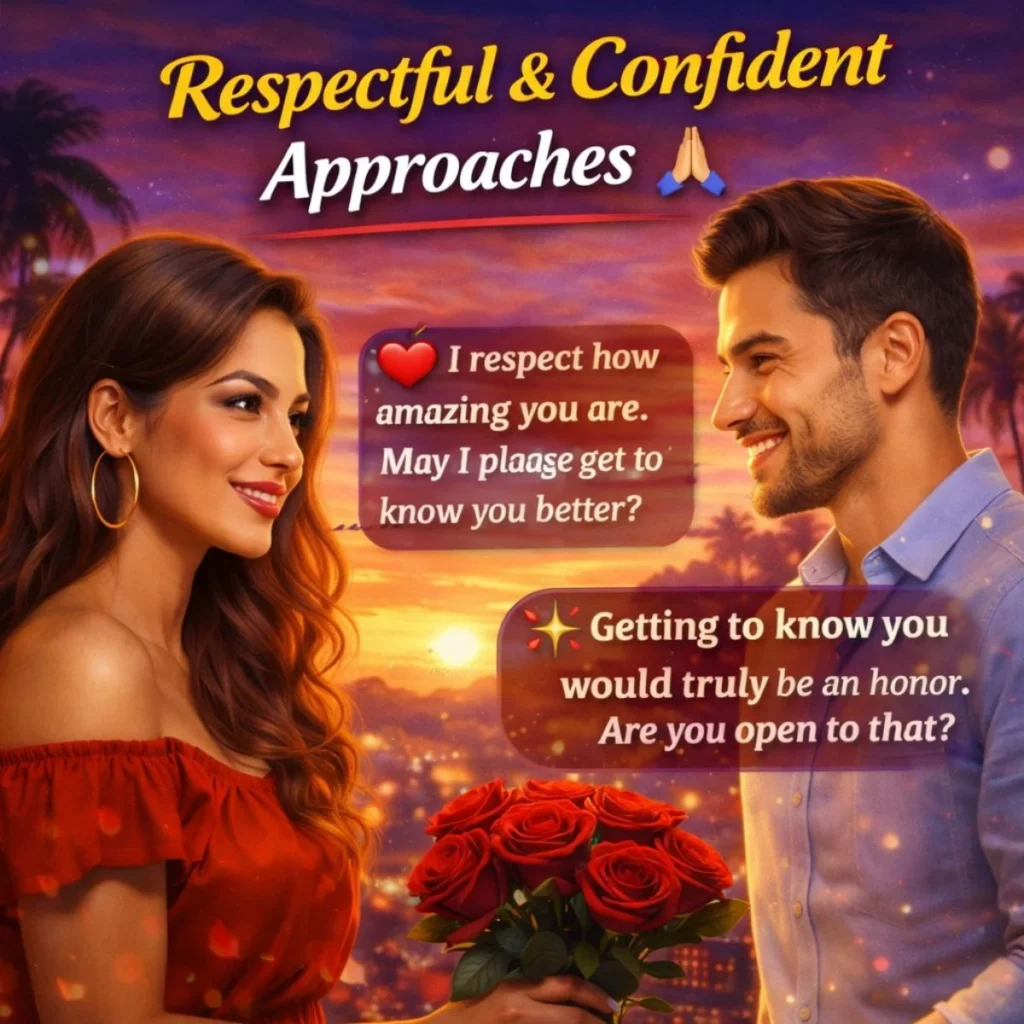 Respectful Latina pick up lines with couple smiling, romantic approach and confident flirting example