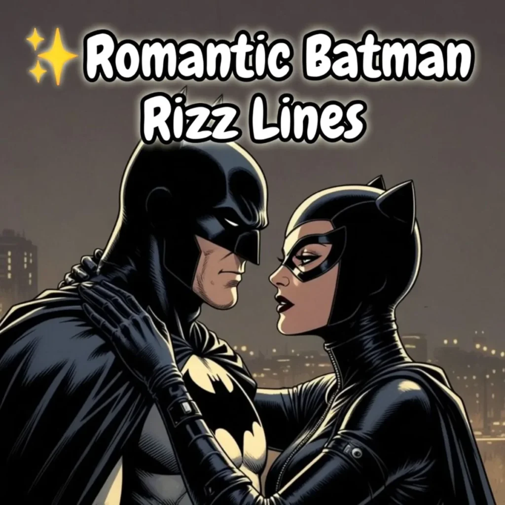 Romantic Batman rizz lines image with superhero couple in Gotham city showing love and flirty connection