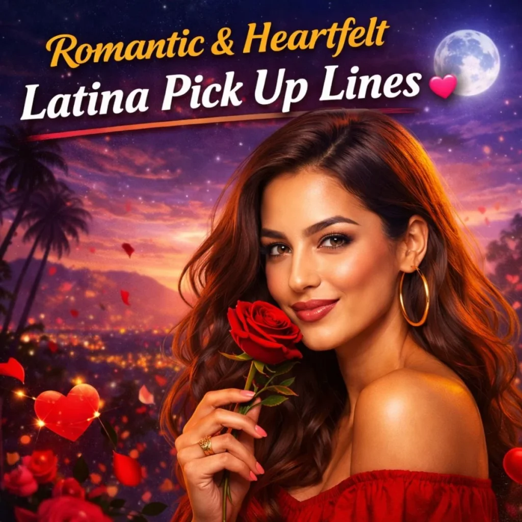 Romantic Latina pick up lines with woman holding rose, love theme and heartfelt flirty ideas for dating