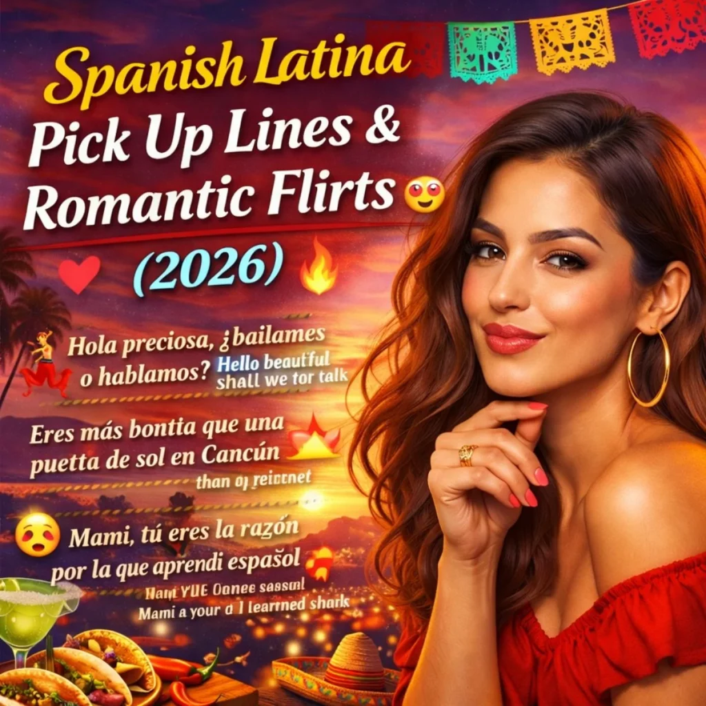 Spanish Latina pick up lines 2026 with romantic flirts, woman and sunset vibe for playful and charming flirting ideas
