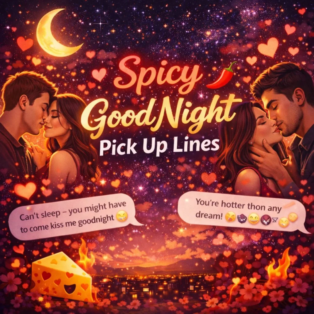 Spicy good night pick up lines with flirty texts, romantic couple, and glowing hearts under a warm night sky