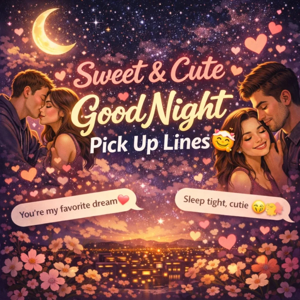 Sweet and cute good night pick up lines with romantic couples, flirty texts, and dreamy starry night scene