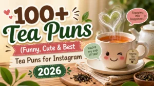 funny tea puns banner with cute tea cup illustration and Instagram caption ideas
